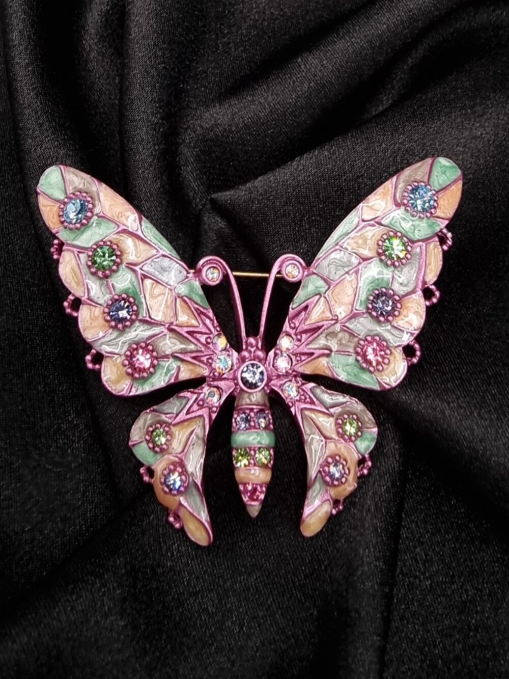 Vintage Joan Rivers Brooch – Pink Green Enamel Butterfly Pin